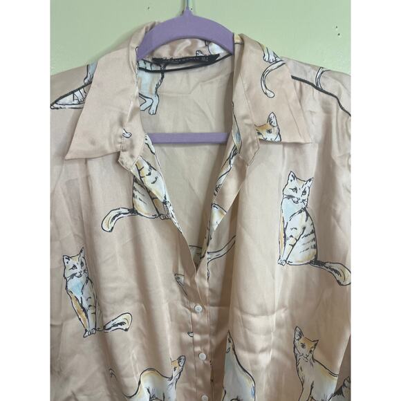 Zara cat print silky ‘fashion pajama’ blogger favorite blouse top, size small - Picture 6 of 16